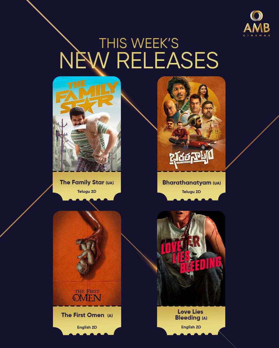 The films we all have been waiting for are finally here 🤌🏻🤌🏻🤌🏻🤌🏻 Watch these piping hot releases with piping hot and delicious food at AMB! #TheFamilyStar #Bharathanatyam #TheFirstOmen #LoveLiesBleeding