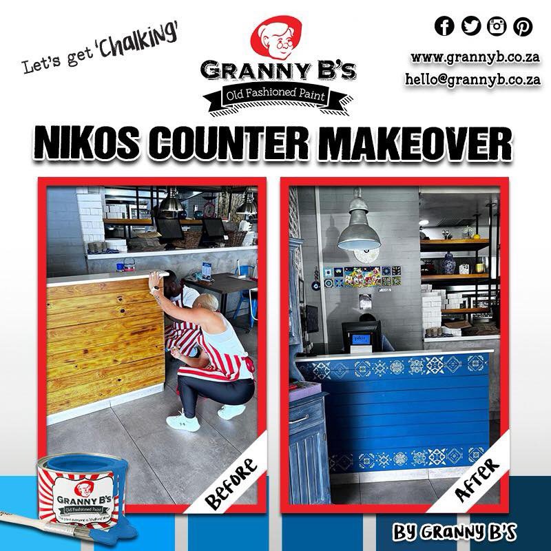 Transforming Nikos Restaurant's 
We mixed LeRoi and Blueberry Pie, sealed with Armour #GrannyBsPaint #RestaurantRevamp
.
Shop online: grannyb.co.za
Email us: hello@grannyb.co.za

#paint #color #diy #blue #greek #color #chalkpaint #grannyb