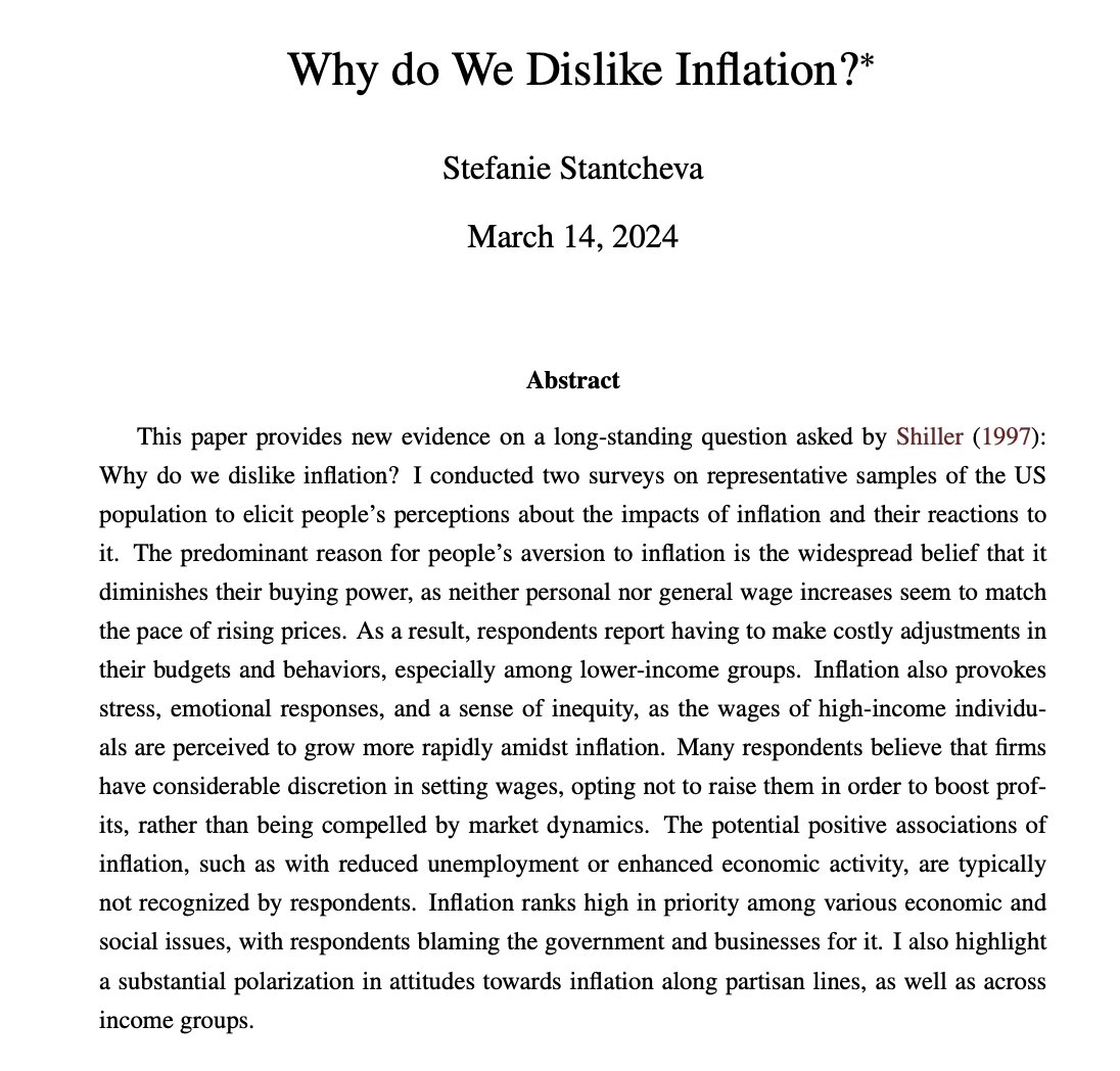 Super interesting new paper on why people hate inflation. A major reason is that people overwhelmingly ascribe wage increases to their own efforts, while they blame price increases on policy.