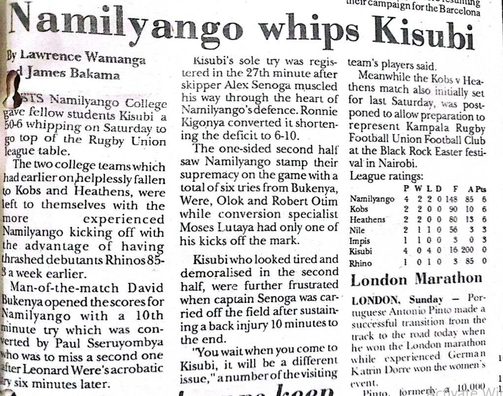 #Throwback April 1992: Namilyango played St. Mary's College Kisubi in the 1992 Rugby Premiership. Namilyango, SMACK and King's College Budo's topflight participation was a major impetus towards establishing a Schools' tournament. Courtesy: @newvisionsport #SchoolsRugbyFinals