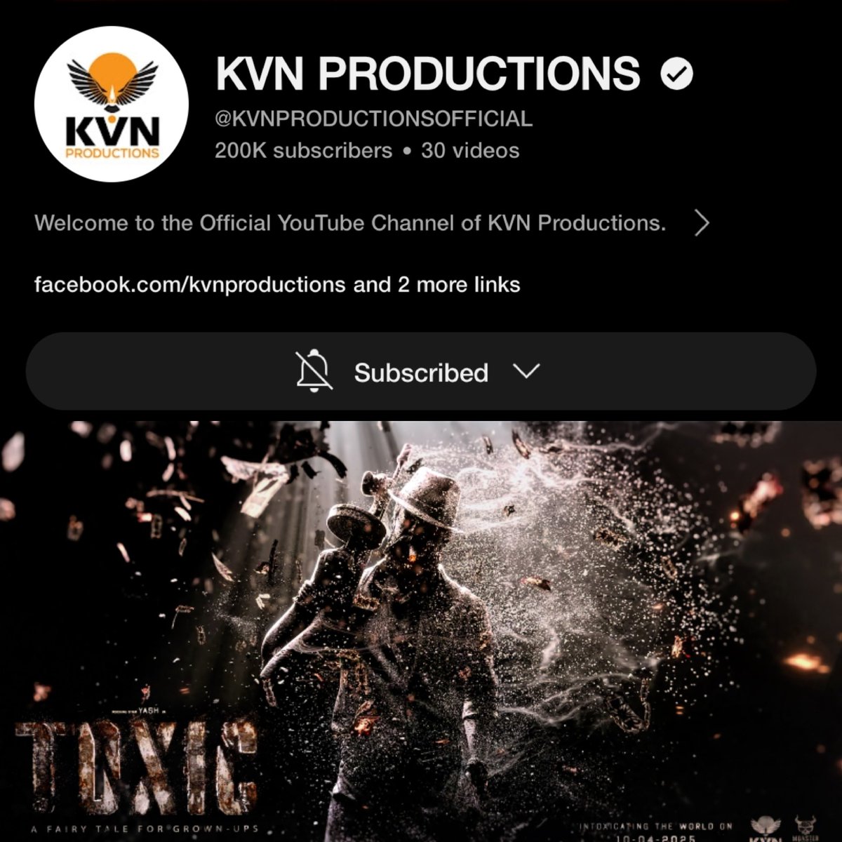 Our #ToxicTheMovie Co-Production House @KvnProductions Completed 200K Subscribers On YouTube. Congratulations, More To Come 😍🔥 #YashBOSS @TheNameIsYash @Toxic_themovie