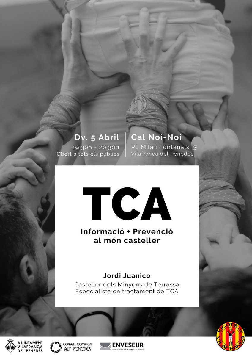 Avui compartirem reflexions i vivències a Vilafranca del Penedès amb els <a href="/Xicots/">Xicots de Vilafranca</a> #castellers <a href="/CastellsCat/">Coordinadora de Colles Castelleres</a>  <a href="/Minyons/">Minyons de Terrassa</a> <a href="/AcabCatalunya/">Associació contra l'anorèxia i la bulímia</a>  <a href="/SJDbarcelona_ca/">Hospital Sant Joan de Déu Barcelona CAT</a> <a href="/SalutMentalCat/">Salut Mental Catalunya</a>  <a href="/ProgramaSentim/">Associació Sentim</a>