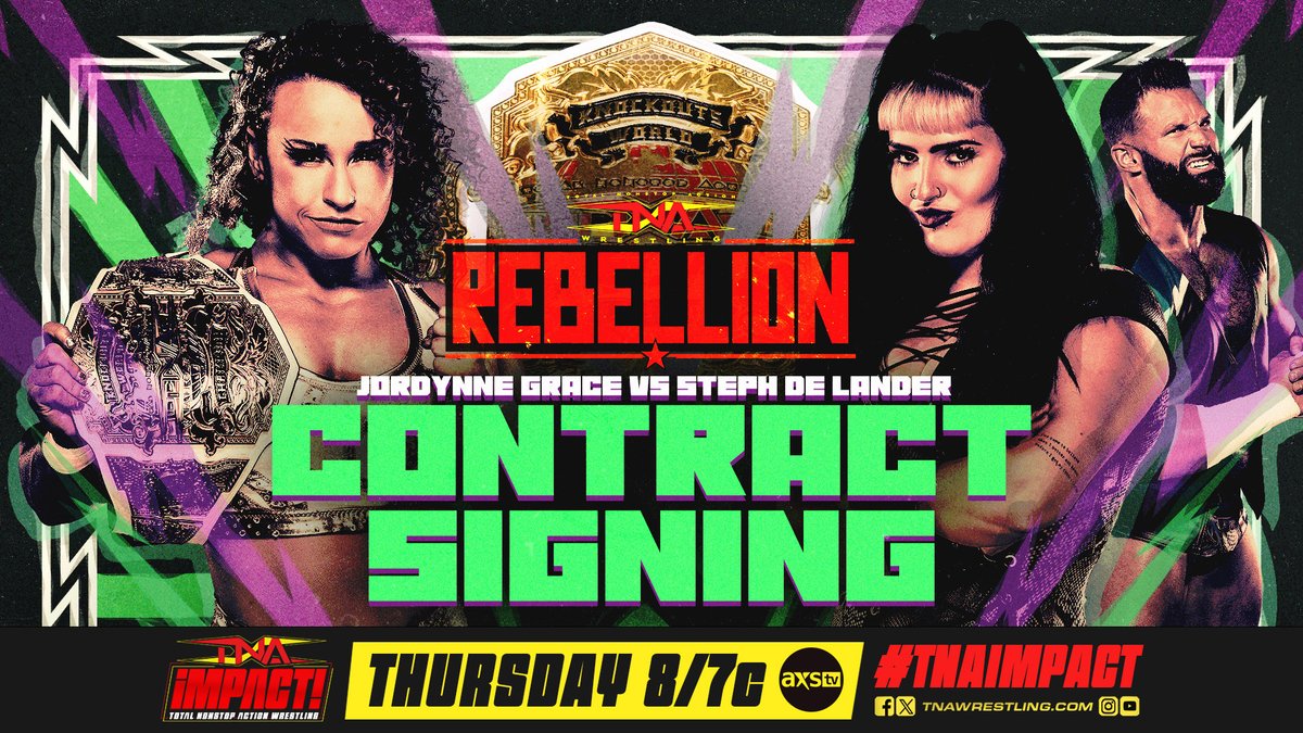 Next week on #TNAiMPACT, witness the contract signing between @stephdelander and @JordynneGrace for the Knockouts World Championship! The road to #Rebellion continues!