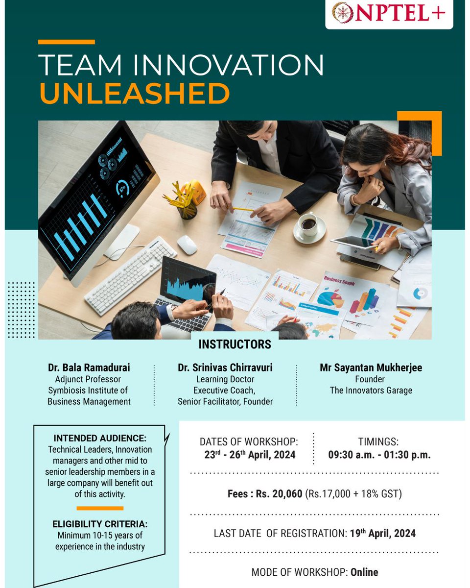 WORKSHOP REGISTRATIONS ALERT! The “Team Innovation Unleashed” workshop is specifically designed to equip innovation leaders with the knowledge, strategies, and tools to transform a team into an innovation powerhouse. Registration Link: elearn.nptel.ac.in/shop/iit-works…