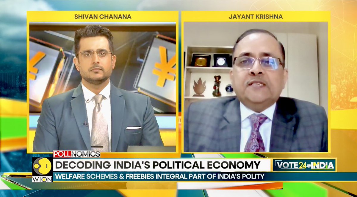 In context of #GeneralElections2024 I spoke on difference between freebees & welfare schemes all parties resort to, with @ShivanChanana on @WIONews youtube.com/watch?v=3HnpPz… @RichardRossow @CSISIndiaChair @PiyushGoyal @narendramodi @nsitharaman @sumanbery @amitabhk87 @NITIAayog
