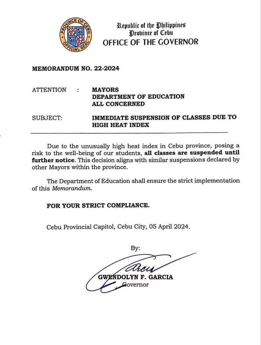 JUST IN: Cebu Province also declares a suspension of all classes 'until further notice'. This is due to the high heat index. 📸 Sugbo News @ABSCBNNews