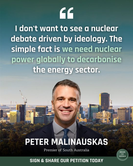 Quote from the LABOR Premier of South Australia Peter Malinauskas; aimed at #uranium #mining. $cxu #nuclear #auspol #ASX 

“I don’t want to see a nuclear debate around civil purposes being driven by ideology. We need nuclear power globally to decarbonise the energy sector; and…