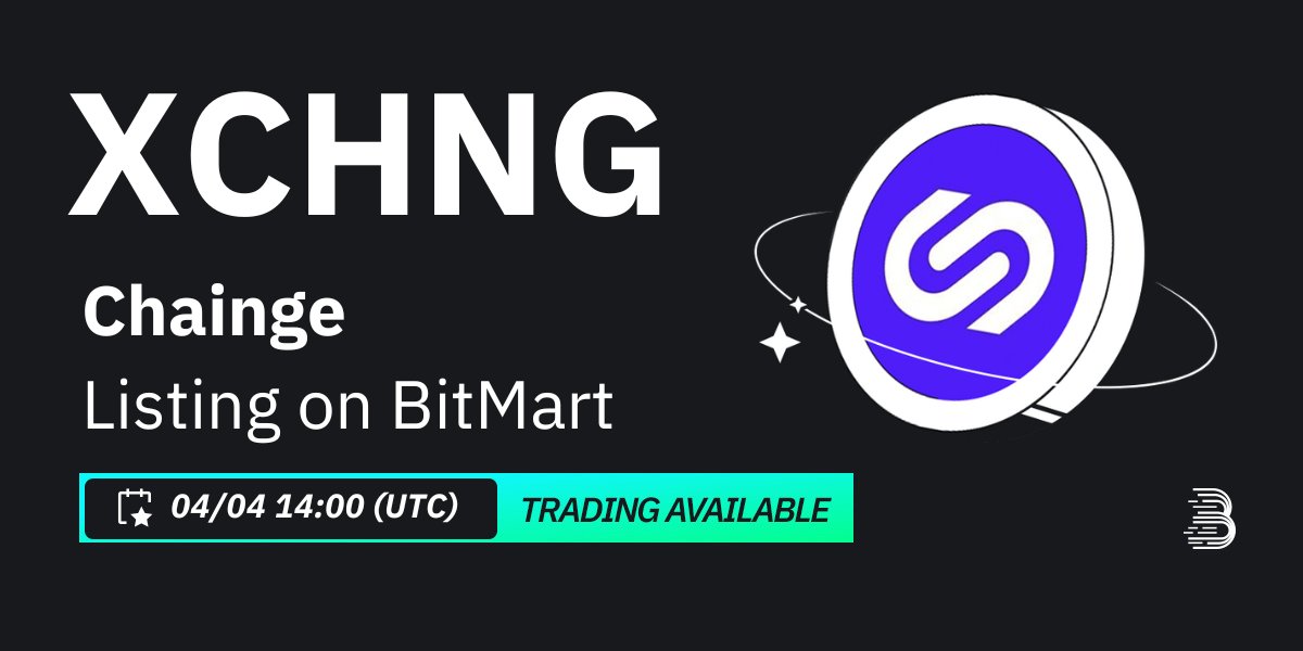 #BitMart will list Chainge (XCHNG) @FinanceChainge on our digital assets platform on April 5, 2024 🤩 💰Trading pair: $XCHNG/USDT 💎Deposit: 4/04/2024 2:00 PM UTC 💎Trading: 4/05/2024 2:00 PM UTC Learn more: support.bitmart.com/hc/en-us/artic…