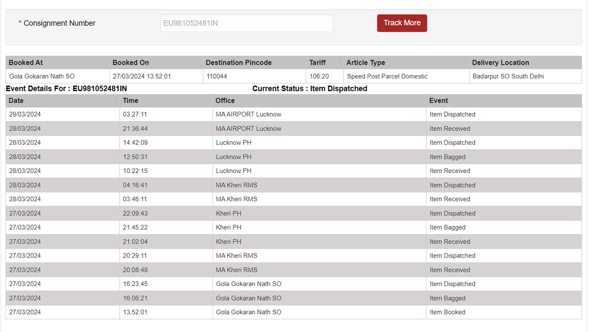 Arvindvijay_'s tweet photo. Speed post consignment number EU981052481IN stared on 27-03-24 for Gola Gokaran Nath SO, lying at MA AIRPORT Lucknow since 29/03/2024. Please take action for fast delivery. @IndiaPostOffic 
@AshwiniVaishnaw https://t.co/Gl0w6tdRkR