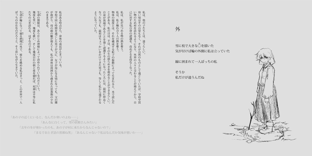 「足跡」の一部を公開します。超超超超独自解釈で、レティの両親とレティ自身の、過去から幻想入りに至るまでの話を詩と小説で書いてみました。普段描いているレティ像やキャラ名、スペルカード名の由来も一通り回収できた個人的代表作です❄️ 