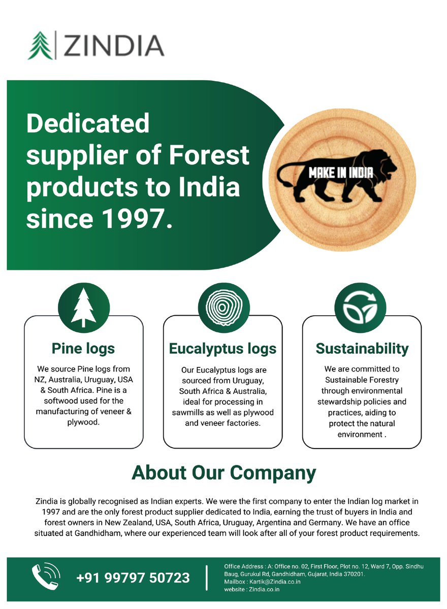 PlyInsight's tweet photo. ZINDIA
📷 Dedicated Supplier of Forest products to India since 1997.
📷Pine Logs
📷Eucalyptus logs
📷Sustainability
#zindia #pinelogs #eucalyptuslogs #sustainability #woodworking #supplier #forestrproduct #indai #MakeInIndiaInitiative https://t.co/tUqRggPHqW