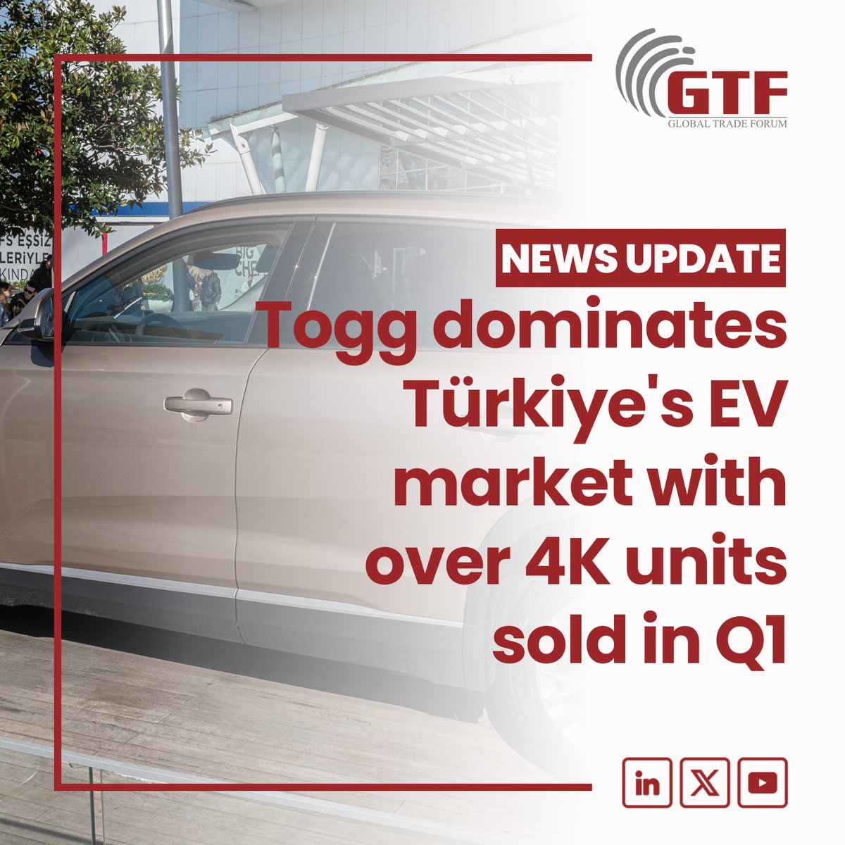 Türkiye's first indigenous electric vehicle, Togg, emerged as an EV market leader in the first quarter of the year with over 4,000 units sold, according to industry data compiled by Anadolu Agency (AA).

#TürkiyeTrade #GTF2024 #GlobalTradeForum #EUTradeRelations #EuropeEconomy