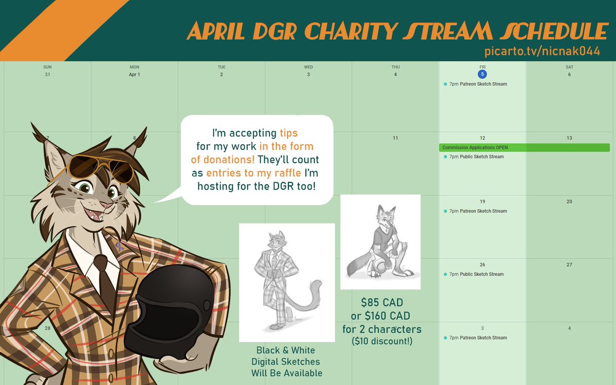 Here's April's DGR Charity Stream schedule! I'll be hosting a sketch stream over the next few Fridays to encourage more donations to the charity motorcycle ride I'm raising funds for and taking part in come May 19th!