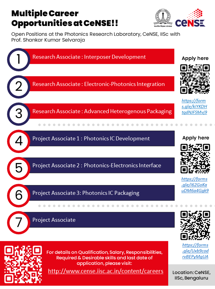 CeNSEatIISc (@censeatiisc) on Twitter photo multiple #careeropportunity at #cense #iisc
These positions are at the <a href="/PRLatIISC/">PhotonResLab</a> with Prof. <a href="/shankarkselva/">Shankar K Selvaraja</a> at <a href="/CeNSEatIISc/">CeNSEatIISc</a>, <a href="/iiscbangalore/">IISc Bangalore</a>.
Interested & qualified candidates please check the job details and apply cense.iisc.ac.in/content/careers
#photonics #integrations #packaging multiple #careeropportunity at #cense #iisc
These positions are at the <a href="/PRLatIISC/">PhotonResLab</a> with Prof. <a href="/shankarkselva/">Shankar K Selvaraja</a> at <a href="/CeNSEatIISc/">CeNSEatIISc</a>, <a href="/iiscbangalore/">IISc Bangalore</a>.
Interested & qualified candidates please check the job details and apply cense.iisc.ac.in/content/careers
#photonics #integrations #packaging