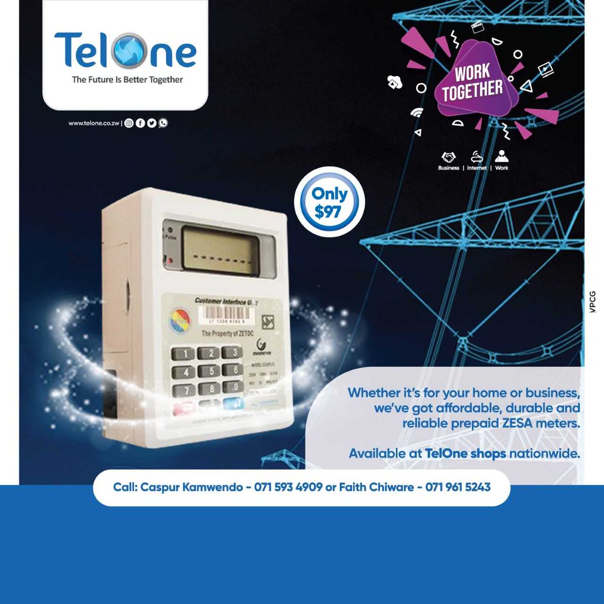 Tired of the utility hustle. Ensure you get to pay electricity upfront with our TelOne prepaid meters. Available at TelOne shops nationwide. #TheFutureIsBetterTogether