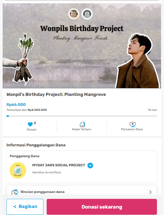 [HELP RT]
Wonpils Birthday Project: Planting Mangrove Forest

Halo #Myday dan #orangbaik rayain ulang tahun wonpil dengan menanam mangrove yuk!
Penanaman mangrove rencananya dilaksanakan di PRP Mangrove Mengare, Gresik

detile kegiatan tba 🫶
link donasi: kitabisa.com/campaign/wonpi…