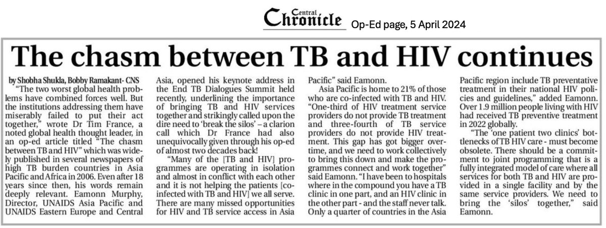 #PublishedToday

'1⃣patient 2⃣ clinics BOTTLENECKS of #TB #HIV care must become obsolete' says @EamonnMurphy63 head of @UNAIDS_AP & @UNAIDS_EECA

🔷 Central Chronicle
centralchronicle.com/epaper/index.p…

🔷 CNS
citizen-news.org/2024/04/the-ch…

#healthforall #endTB #endAIDS #UequalsU 
#WorldHealthDay