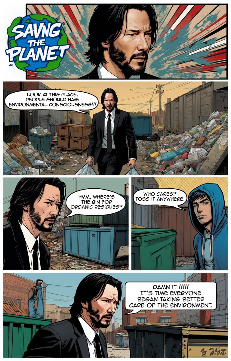 A new adventure for our favorite hero.

#AI #AIart #AIArtwork #AIArtCommunity #AIartist #ArtificialIntelligence #KeanuReeves #SavingThePlanet #recycling  #ComicStrip