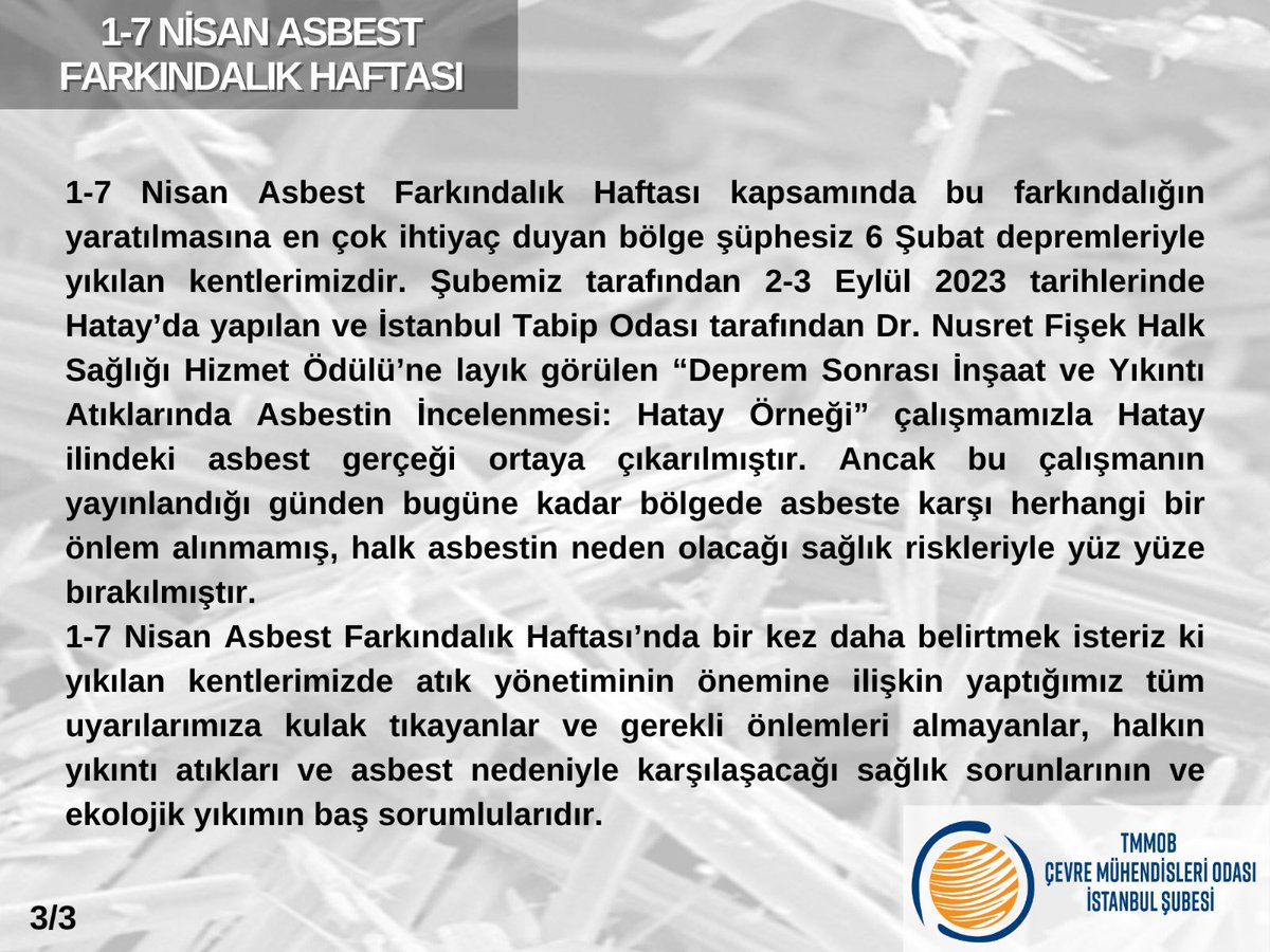 1-7 Nisan Asbest Farkındalık Haftası açıklamamız: 📌Asbest nedir? 📌İnsan sağlığına etkileri nelerdir? 📌Asbeste dair mevzuat ne diyor? 📌Ne yapılmalı? #Asbest #Asbestoz #deprem