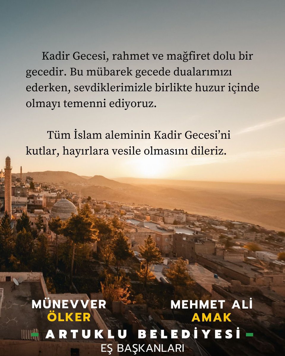 Tüm İslam aleminin Kadir Gecesi’ni kutlar, hayırlara vesile olması dileriz. 

#ArtukluBelediyesi #KadirGecesi