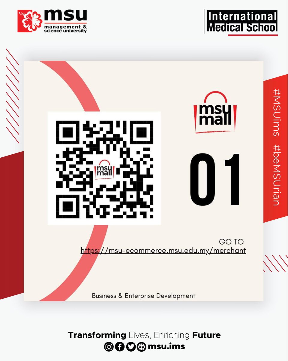 JUMPSTART PROGRAMME. VENDOR @ MSUMall! Calling for #MSUrians & #MSUMalaysiaAlumni! Looking for opportunity to showcase your products to a wider audience? Scan the QR code and be part of our community. Visit @MSUmalaysiaMall for info. #MSUIMS #cup04 #entrepreneurshipecosystem