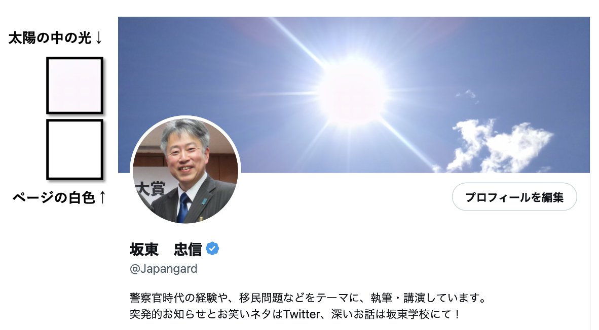 私のトップページを見て 「なんで眩しく見えるのかな？」 と、自分でも不思議に思い 太陽の光とページの地の白を比べてきたら ページの地の白のほうが明るい。 「光っている」と言う先入観で 明るく見えるのでしょうか？　不思議ですね。