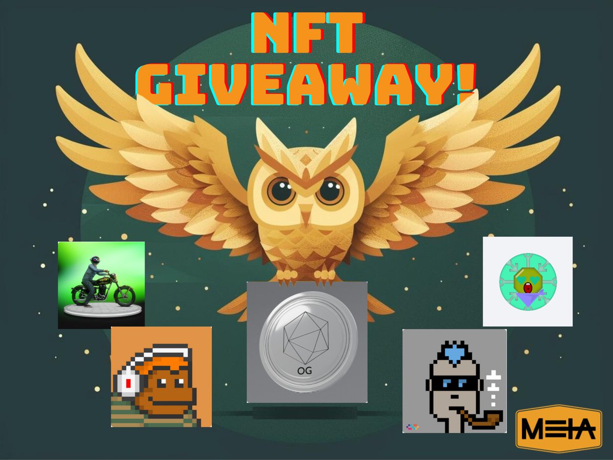 🦉<a href="/Meta_Owl/">Meta Owl</a> NFT Giveaway🦉
5 NFTs will be distributed among 5 lucky @Meta_Owl_Token Holders.
 - ❤ &amp; RT
- Comment Principal ID that HOLDs @Meta_Owl_Token 

Prizes 🥳
1 <a href="/GNightPunks/">GNight Punks</a> GNight Punks
1 <a href="/toniqMarket/">Toniq Market</a> Cronics
1 <a href="/The_Swop/">The Swop</a> The Swop OG
1 <a href="/ICPRenegades/">ICP Renegades</a> ICP Renegades
1