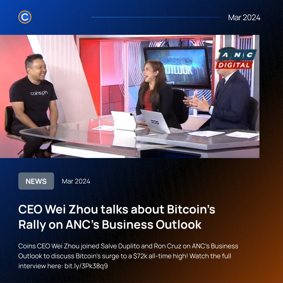 Coins CEO @thedaoofwei joined @SalveSays and @donronX on @ANCALERTS's Business Outlook to discuss @Bitcoin's surge to a $72k all-time high! 

Watch the full interview here: bit.ly/3Pk38q9 📺

#CoinsPH #Bitcoin #alltimehigh #ATH 

3/13