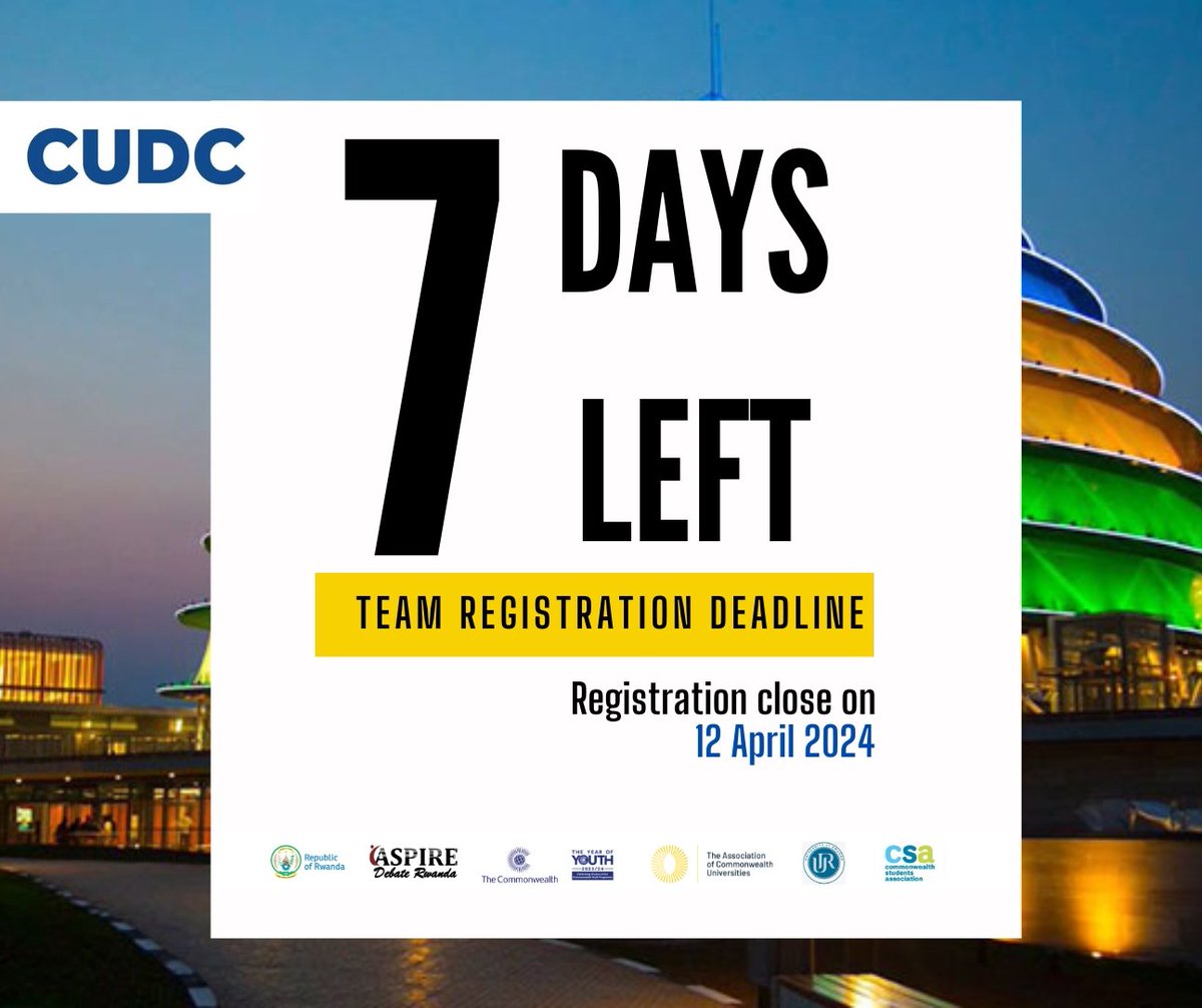 Only 7 days left! Register your team now for #CUDC2024 before time runs out. Don't miss this opportunity. Secure your spot today! 

Registration link: thecudc.org/registration/, @TheCudc, @StrathU, @Makerere, @unima_official, @WitsUniversity, @BRACUniversity, @FNUFiji, @LSEnews