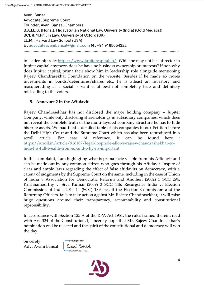 1/ I have filed a complaint against @Rajeev_GoI for filing false affidavit on 4th April, 2024 as the @BJP4India’s candidate for the upcoming Lok Sabha Elections from #Thiruvananthapuram #Kerala, against @ShashiTharoor of @INCIndia, with the @ECISVEEP. As per his Affidavit - 1.