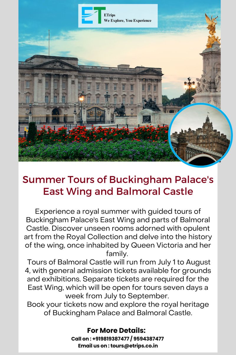 Summer Tours of Buckingham Palace's East Wing and Balmoral Castle
#BuckinghamPalace #BalmoralCastle #SummerTours #RoyalResidences #HistoricSites #GuidedTours #Etrips #Flightbooking #Hotelbooking #Tourpackage #Booknow  #RoyalExperience #BritishMonarchy #ExploreHistory