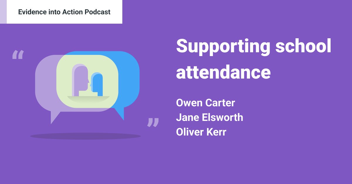 🎧 "Evidence into Action"
 
In the latest episode of our podcast, we focus on supporting school attendance.

Featuring special guests, <a href="/od_carter/">Owen Carter</a> of <a href="/ImpactEd_Group/">ImpactEd Group</a>, @Jelsworth1 of <a href="/HuntResearchSch/">Huntington Research</a> and Oliver Kerr of <a href="/OldMoatPS/">OldMoatPS</a>. 

Listen: eef.li/C0vd30