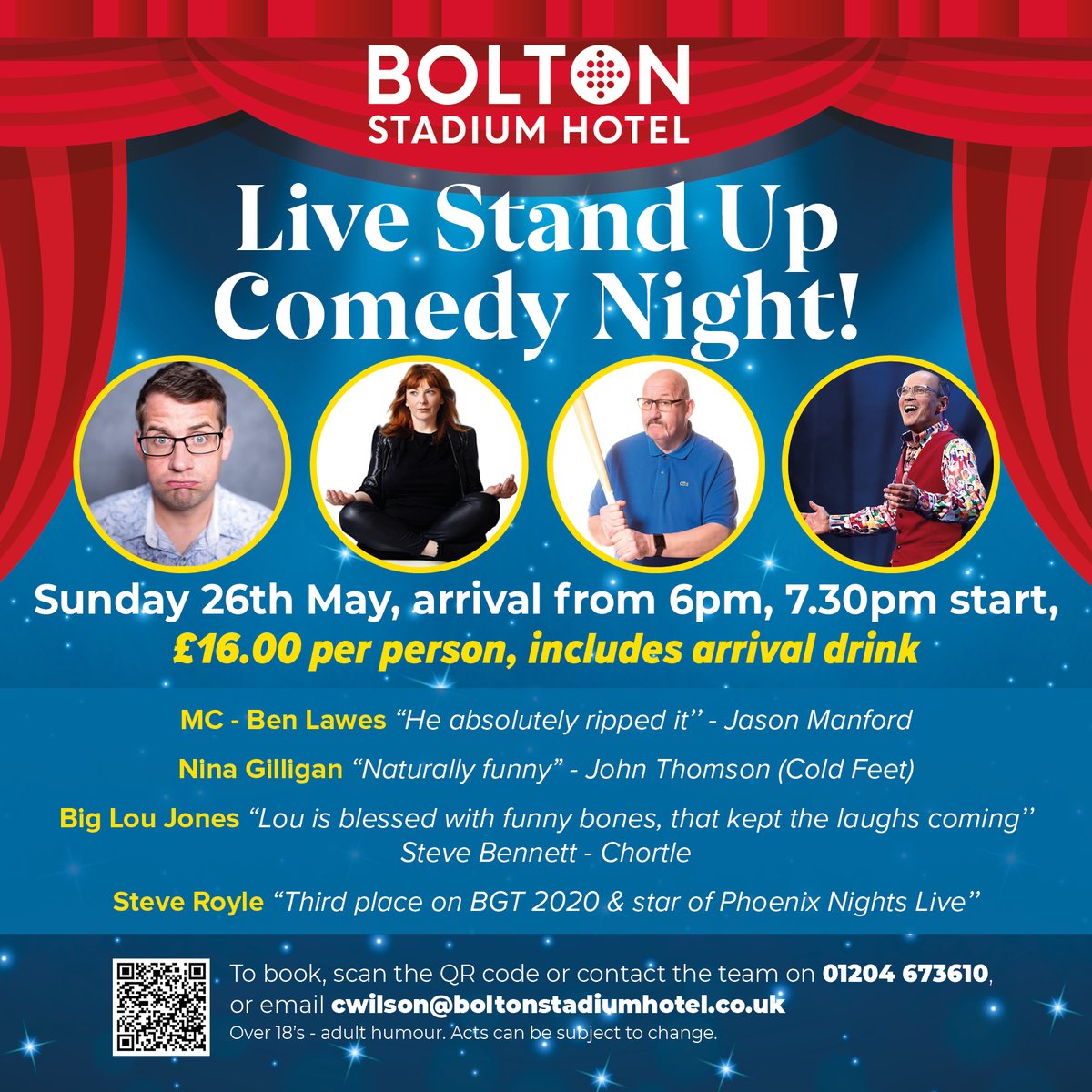 🤣😂Welcome to our Comedy Night ! Kick off the bank holiday weekend and join us for a night filled with laughter 🎤 📌Date: Sunday 26th May £16.00 per person Ticket price includes an arrival drink - food will be available to purchase on the evening should you wish. To book ...👇