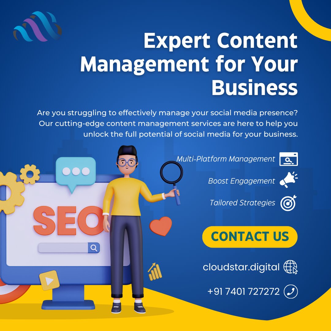 Expert Content Management for Your Business

Are you struggling to effectively manage your social media presence? 

Tailored Strategies

Multi-Platform Management

Visit@ cloudstar.digital Call us@ 95-5599-5599

#GrowthMarketing #PaidAds #DigitalMarketing #Experts