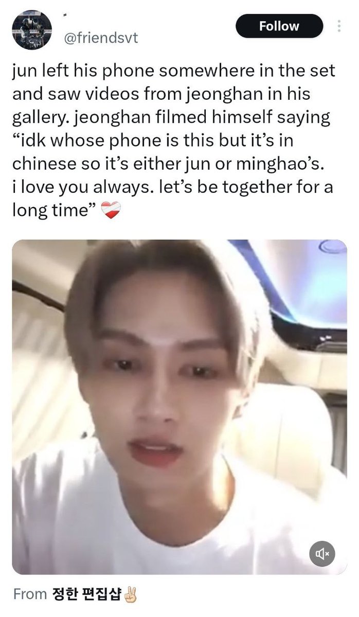 caratstalk's tweet image. [17s] Ayo drop momen SVT sayang2 member China Line fav kalian 🥰

Sender first! Jeonghan iseng bikin self-video di HP Jun. Di situ dia blg : "Aku gatau ini hp siapa, tp pake bhs China berarti kalo bukan hpnya Jun ya hp Hao. Aku sayang kamu, ayo kita sama2 u/ waktu yg lama" 🥹