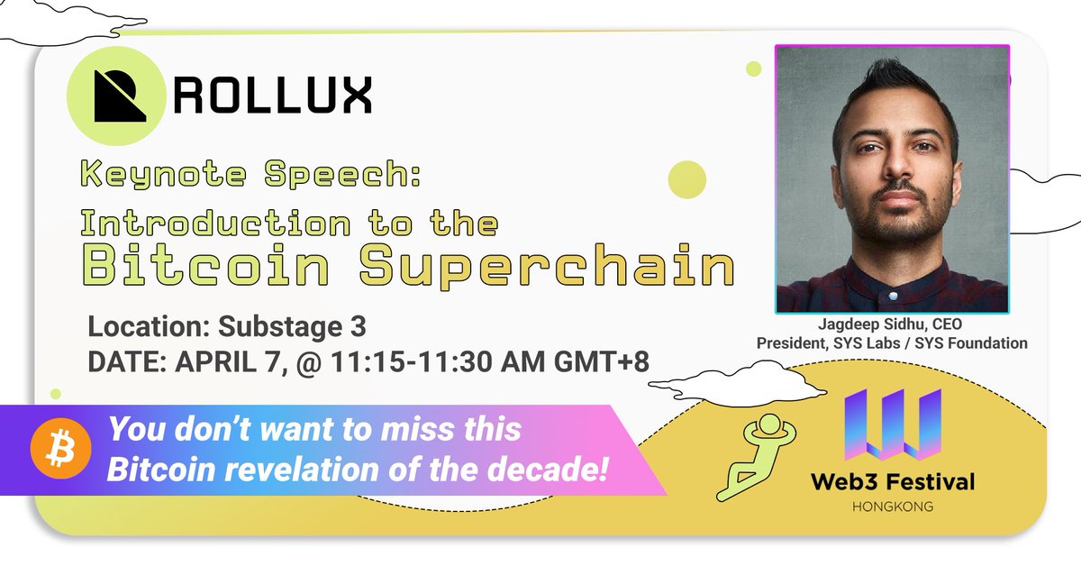 🚨I'll be giving a very important speech at #Web3Festival this weekend about the next evolution of <a href="/RolluxL2/">ROLLUX</a> and the <a href="/syscoin/">Syscoin</a> ecosystem. 

Defining what true modularity and #Bitcoin SuperChains are all about.

🎁To celebrate I'll be giving away $1000 in $SYS 🚀

To be eligible: