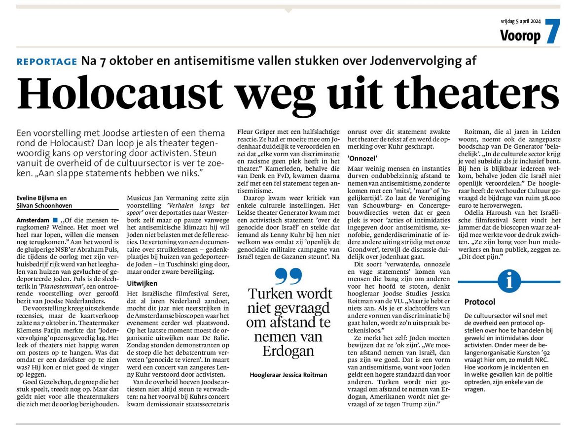 ‘Holocaust weg uit theaters’ Dit is een kop in een Nederlandse krant in 2024. Je weet het en je ziet het, maar toch schrik je er van. Vliegensvlug gaan we achteruit. Als de Holocaust beladen wordt om te bespreken, dan komen we in een nieuw duister hoofdstuk terecht.