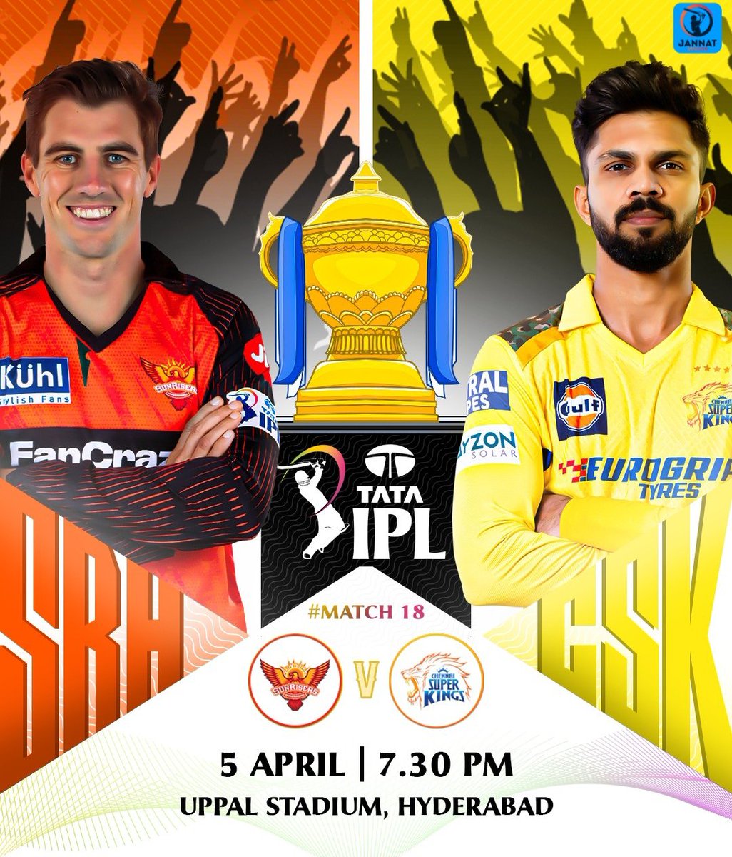 Get ready for an electrifying Southern derby, It's CSK vs SRH🔥
.
.
.
#jannatupdates #PBKSvsGT #MSDhoni #PatCummins #testseries #Hyderabad #RuturajGaikwad #RishabhPanth #IPL #ipl2024 #iplupdates #TATAIPL2024 #T20WorldCup #CSKvsSRH #mumbaivsoman #t20i #cricketupdates #CricketFever