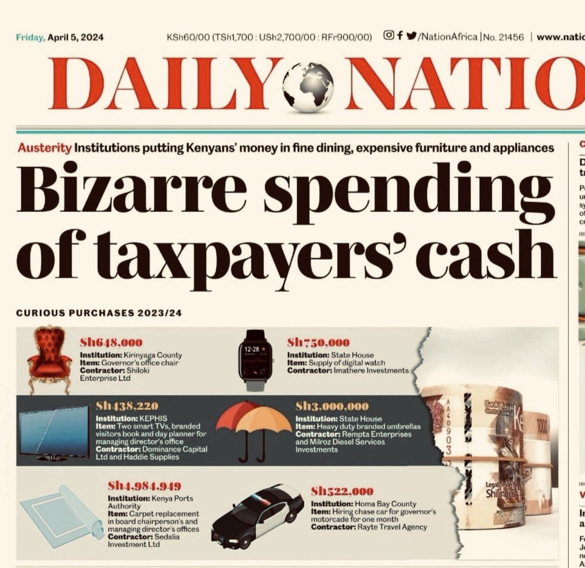 In statehouse, an umbrella is being purchased at Ksh 3,000,000. Digital watches, Ksh 750,000 each. Meanwhile, finding money for doctors is where they draw the line. Na walisema pombe ndio ilikuwa na shida?