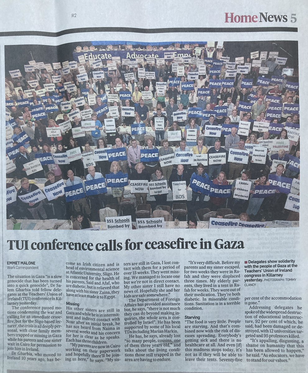 Coverage of #TUI24 solidarity with Gaza in today's Irish Times