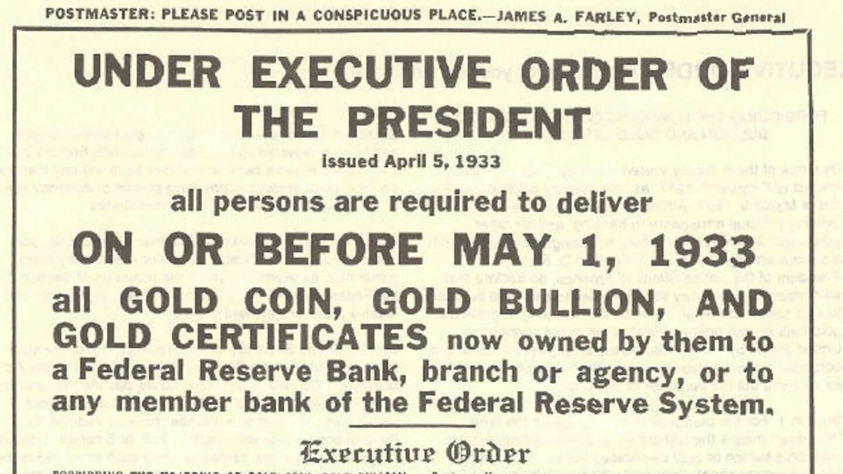 #OTD in 1933
‘UNDER EXECUTIVE ORDER OF THE PRESIDENT
Issued April 5, 1933
all persons are required to deliver
ON OR BEFORE MAY 1, 1933
all GOLD COIN, GOLD BULLION, AND GOLD CERTIFICATES ...’
#FDR #GoldStandard #GreatDepression #TheNewDeal #bankingcrisis