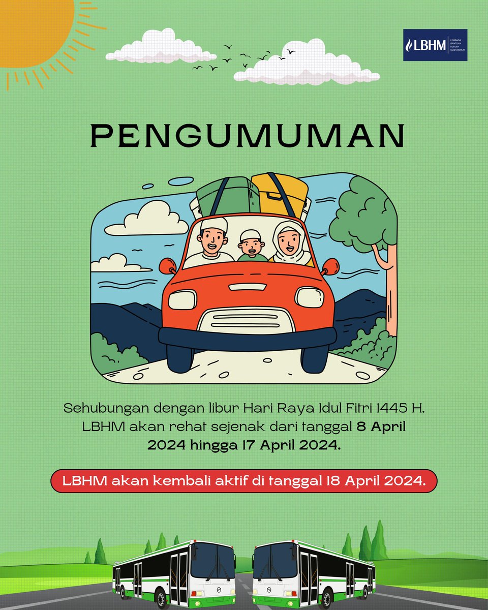 [Pengumuman] Sehubungan dengan libur Hari Raya Idul Fitri 1445 H. LBHM akan rehat sejenak dari tanggal 8 April 2024 hingga 17 April 2024. LBHM akan kembali aktif di tanggal 18 April 2024. Selamat berlibur dan merayakan Hari Raya Idul Fitri 1445 H ya, Sobat Matters.