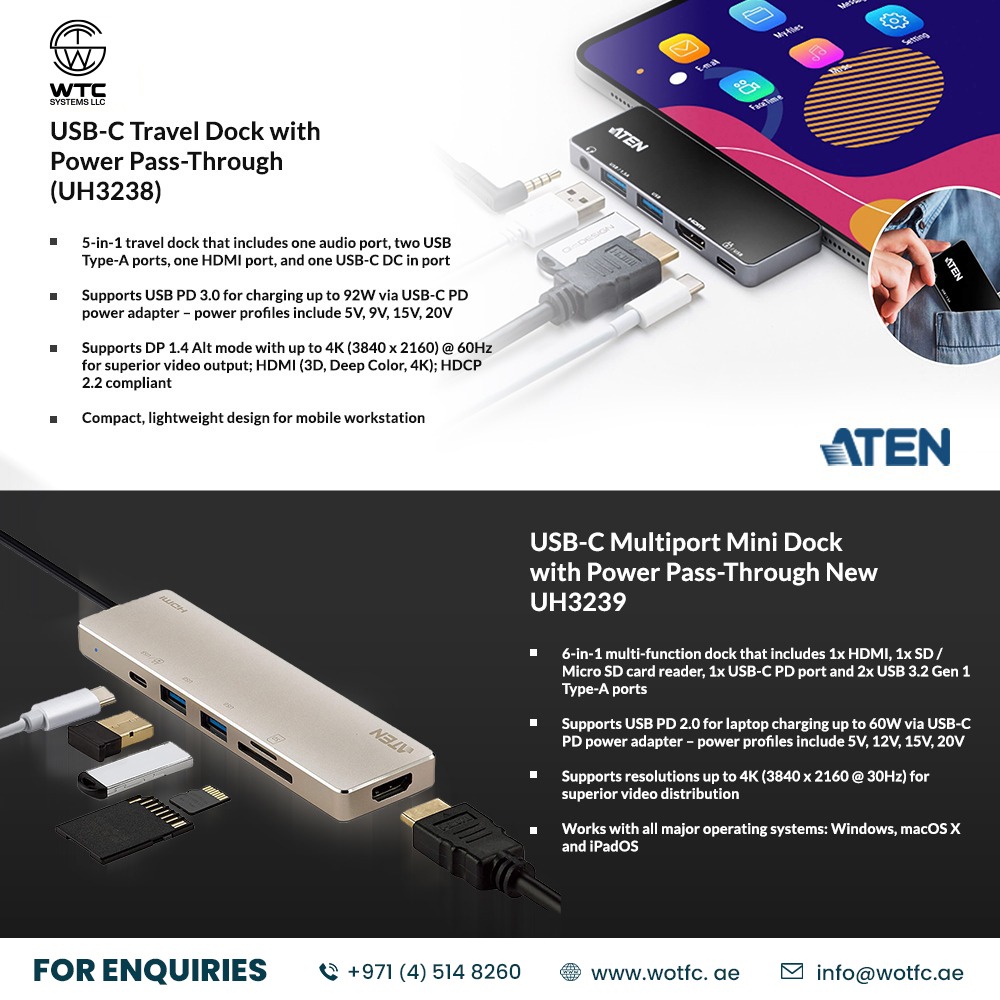 WTC_SYSTEMS_LLC's tweet image. Aten UH3238/UH3239

UH3238 USB-C Travel Dock with Power Pass-Through
UH3239 USB-C Multiport Mini Dock with Power Pass-Through
For Demo &amp;amp; Enquiries contact +971 (4) 514 8260

wotfc.ae
info@wotfc.ae

#wtc #wtcsystems #wtcdistribution #aten #travel #multiport #USB
