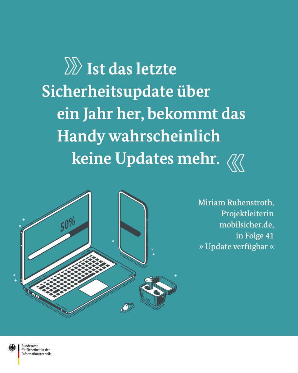 BSI_Bund's tweet image. Sicherheitsupdates für Handys sind wichtig – doch was passiert, wenn es selbst für Neugeräte keine #Updates mehr gibt? Miriam Ruhenstroth von mobilsicher.de erklärt, worauf es ankommt! Den #Podcast #UpdateVerfügbar gibt&apos;s zum Beispiel hier:
👉 bsi.bund.de/dok/1109436