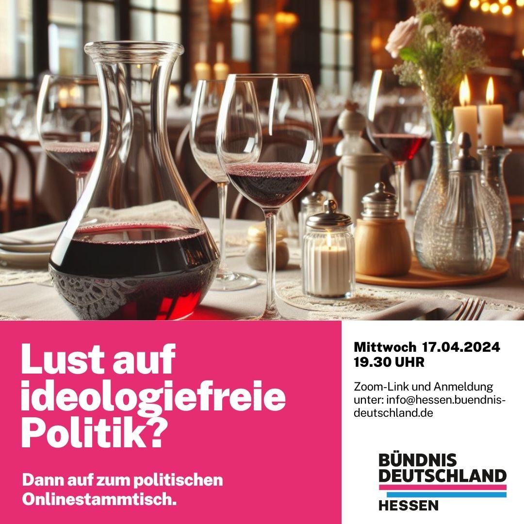 Einwählen und mitreden! Wir freuen uns, Euch bei unserem Onlinestammtisch kennenzulernen und mit Euch zu diskutieren!
#BündnisDeutschland #Hessen #GrenzenSetzen