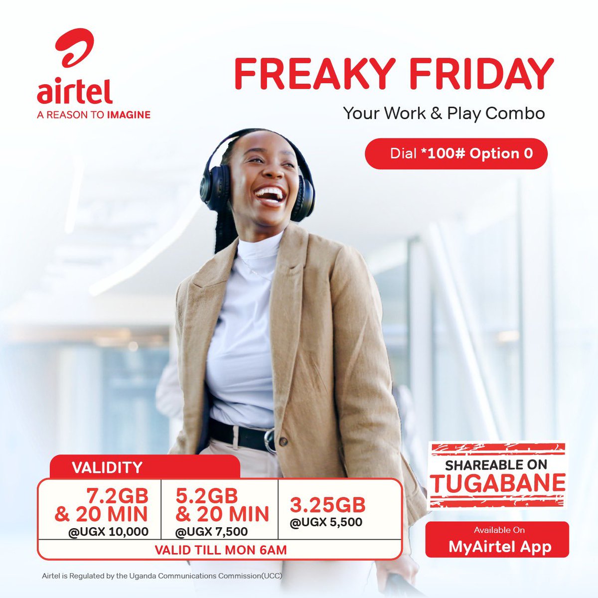 It’s a Friday!!! Enjoy the weekend with @Airtel_Ug #FreakyFriday Bundles. Dial *100*0# select #FreakyFriday to get; •7.2GB+20Min at 10,000/= •5.2GB+20Min at 7,500/= •3.25GB at 5,500/= valid till Monday #MyAirtelApp #FreakyFriday
