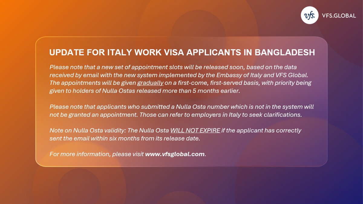 We have an important update for Italy work visa applicants in Bangladesh. For more information, please visit: tinyurl.com/8vyyff4j