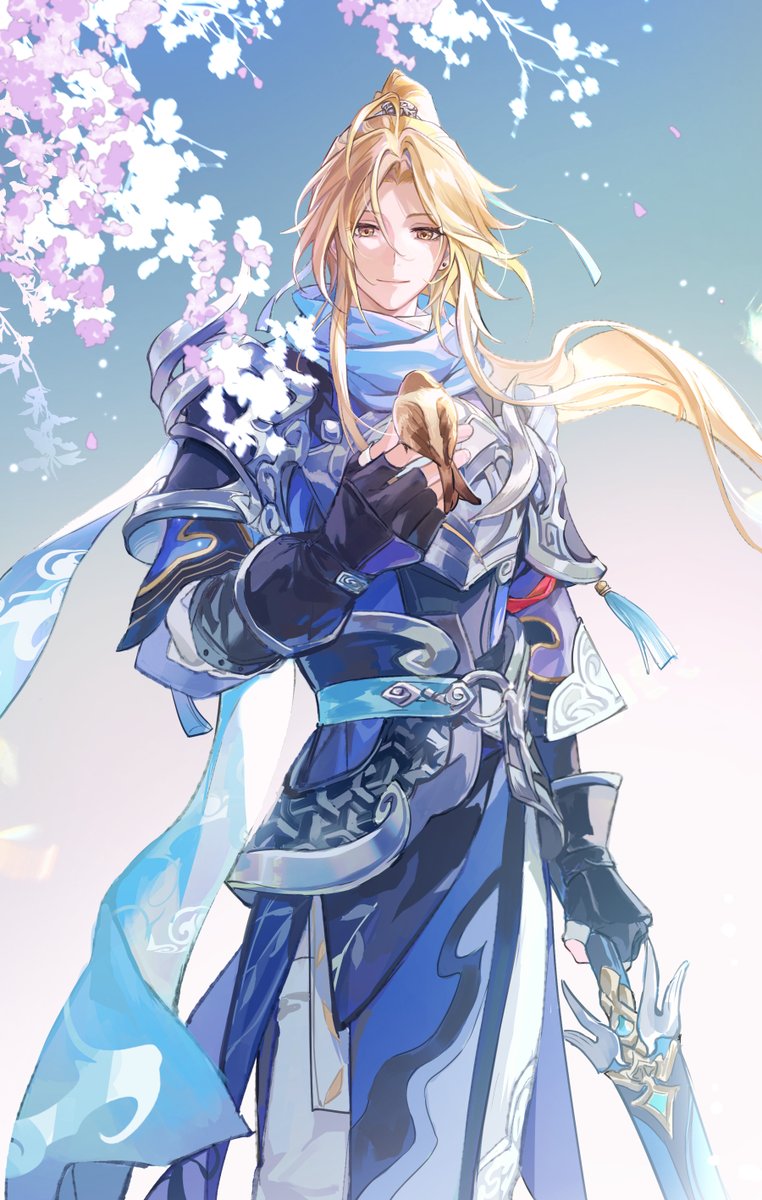 solo long hair looking at viewer smile blonde hair 1boy gloves  illustration images