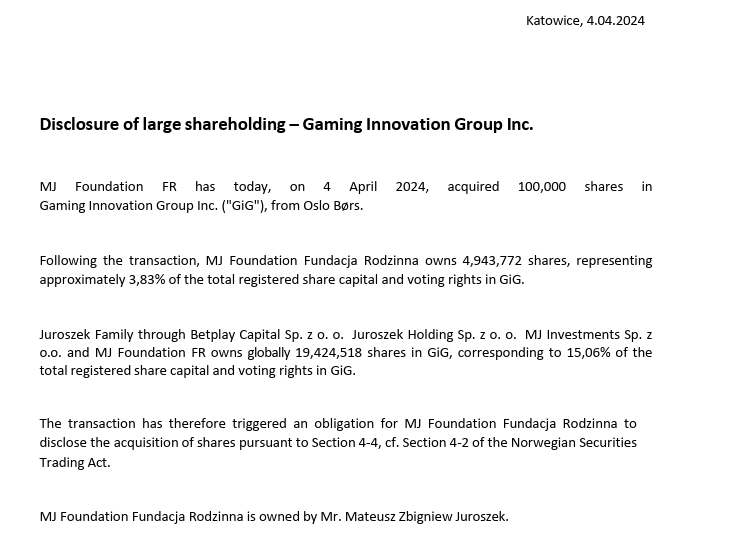 Symmetry_Invest's tweet photo. Juroszek family expanding their control with GiG, now flagging of +15 % ownership. Experienced industry people that delivered a home-run for shareholders in STS. They have "endless" pockets after the sale of STS to Entain and with @TJuroszek sitting in the board room its really strong comfort for remaining shareholders. @MateuszJuroszek