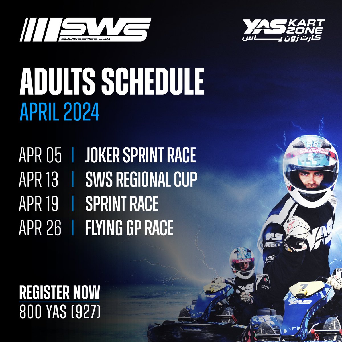 April #SodiWorldSeries heats up with more exciting challenges.🏁🔥 Here’s the schedule for this month.👆 📞 Register now: 800 YAS (927) or 026599471 🔗 Learn more via bit.ly/SWSKarting.  @yasheatracing #SWS